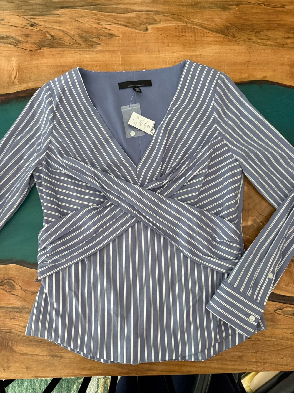 White House Black Market Blue and White Striped Twist-Front Tailored Blouse